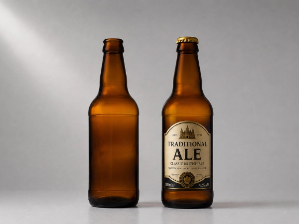 500ml amber glass traditional ale bottle with a steep neck and crown top finish for craft beers.