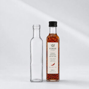 250ml clear lightweight Maraska bottle with a tall square body and screw top finish for oils, dressings, and syrups.