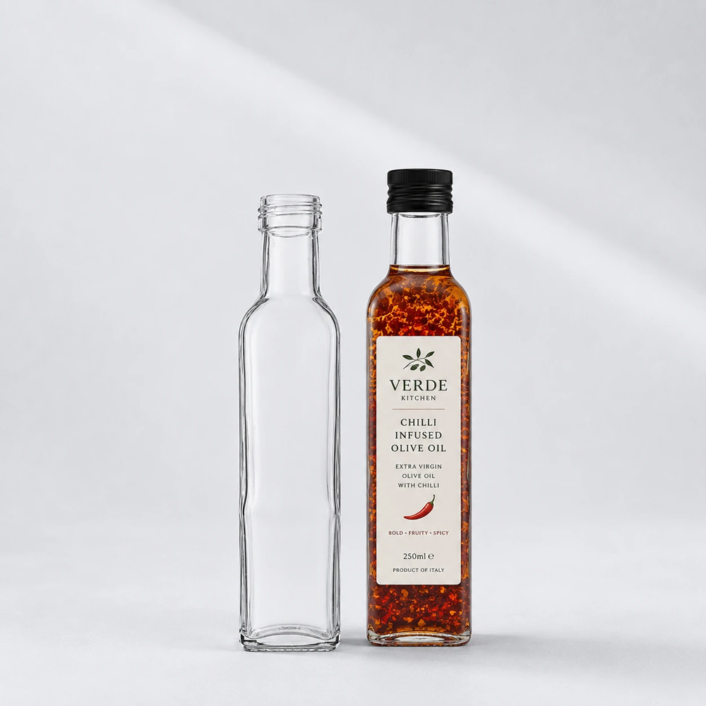 250ml clear lightweight Maraska bottle with a tall square body and screw top finish for oils, dressings, and syrups.